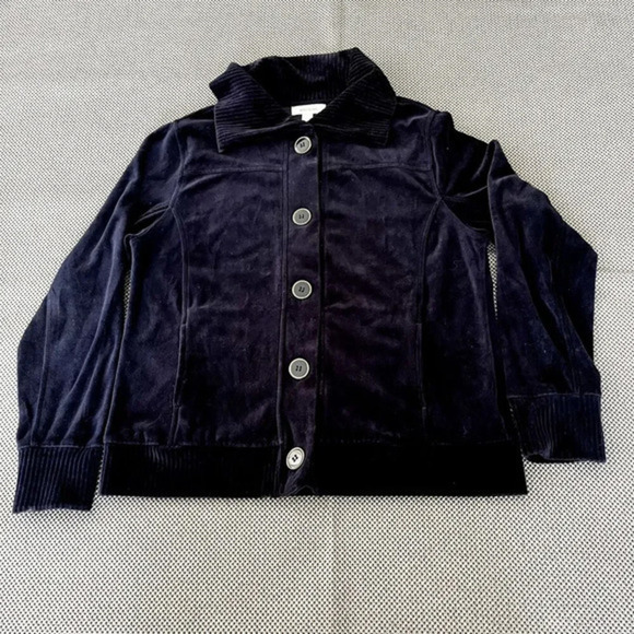 Dressbarn Womens Velour  Short Coat‎ Jacket Size L Navy Blue Button Up Pockets - Picture 1 of 8